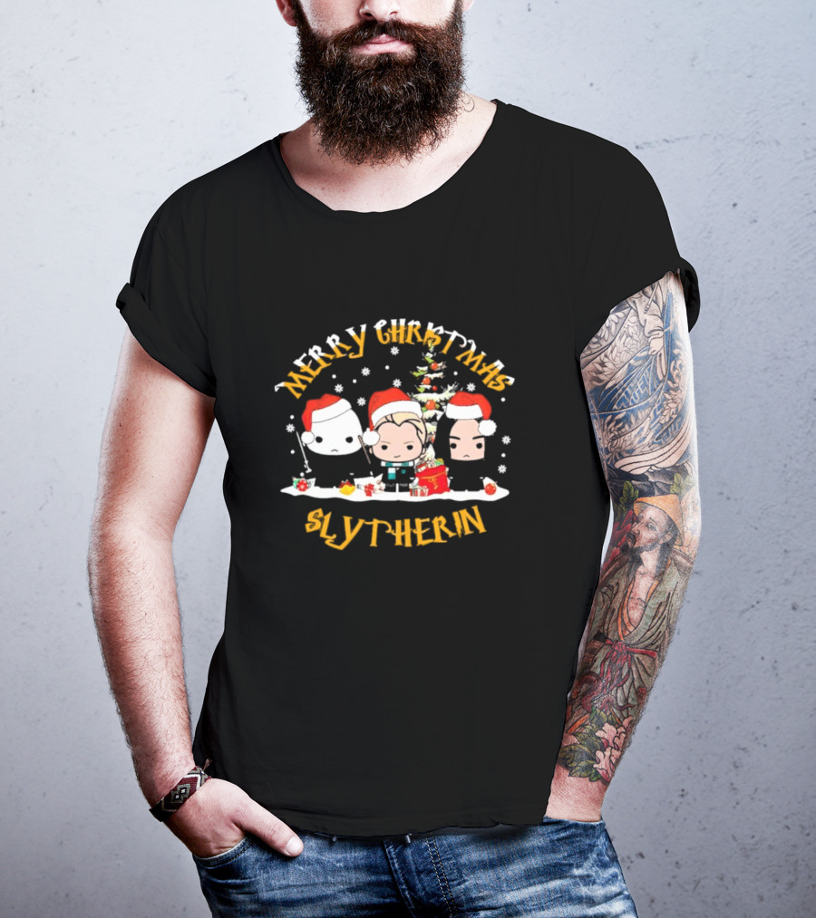 Merry Christmas Slytherin Characters With Holiday Tree And Santa Hats T-Shirt