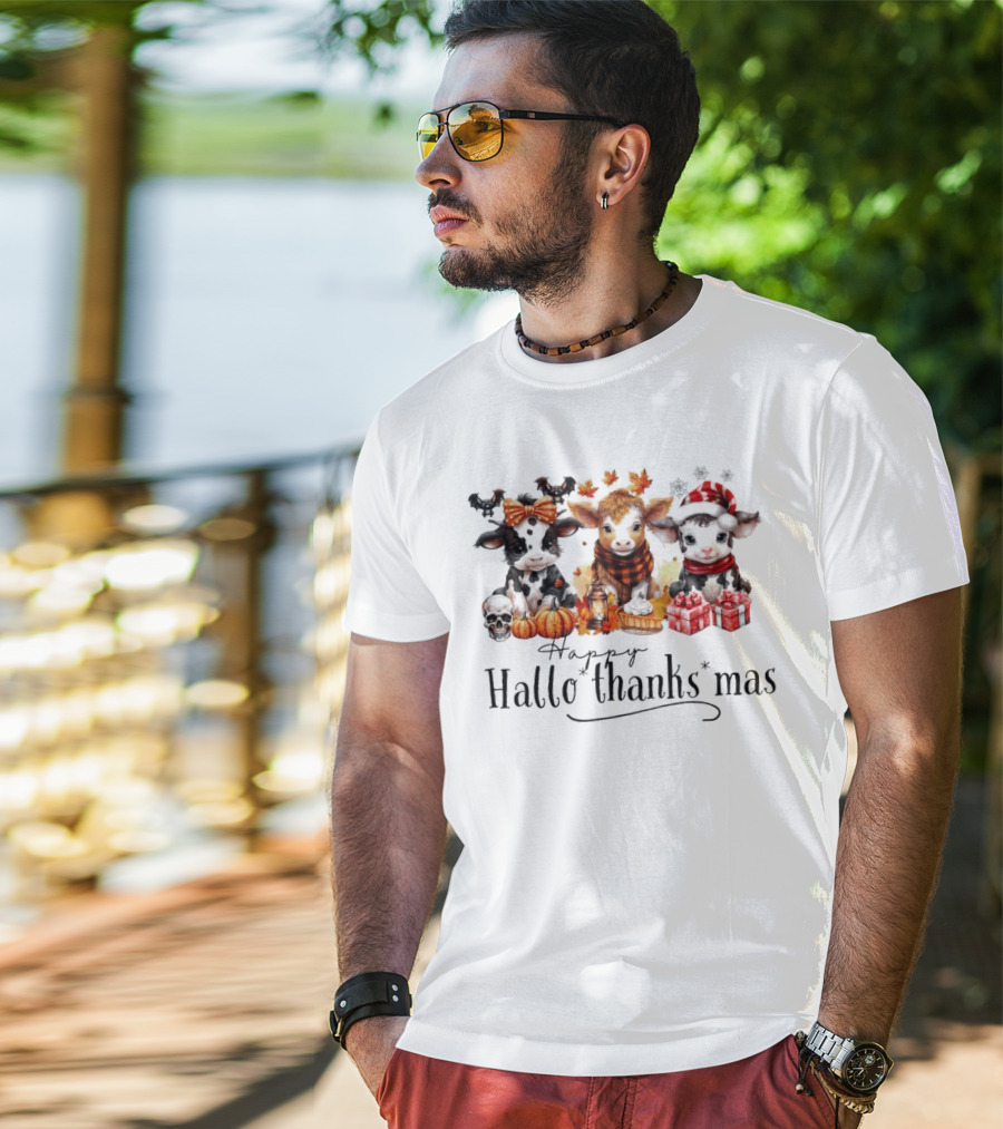Happy HalloThanksMas Baby Cows With Pumpkins And Gifts T-Shirt