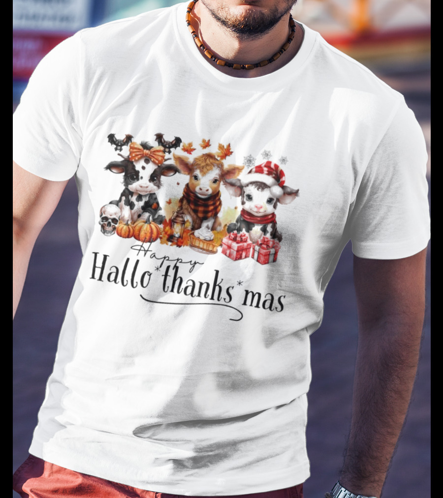 Happy HalloThanksMas Baby Cows With Pumpkins And Gifts T-Shirt