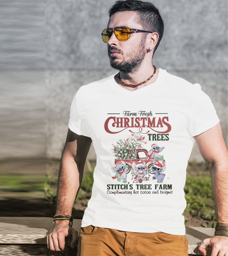 Farm Fresh Christmas Trees Stitch’s Tree Farm Complimentary Hot Cocoa And Beignet T-Shirt