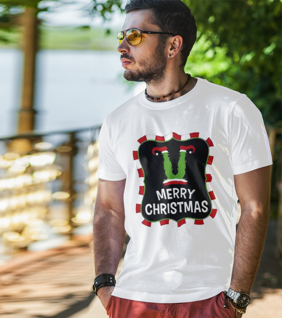 Merry Christmas Green Monster With Santa Hat T-Shirt