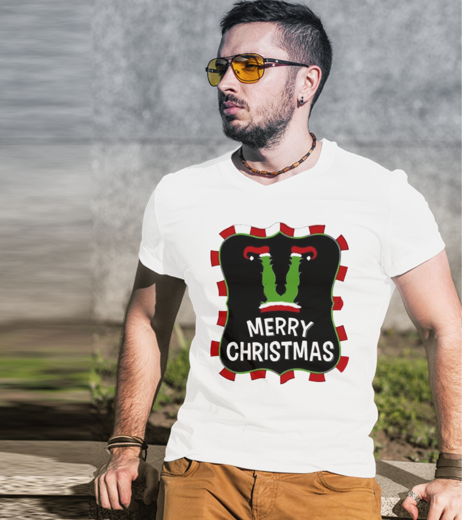 Merry Christmas Green Monster With Santa Hat T-Shirt
