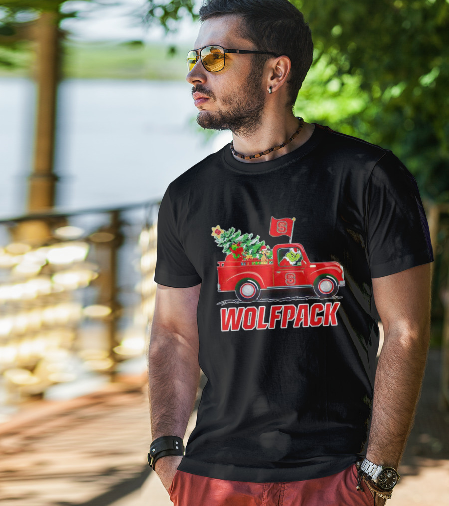 Grinch Driving NC State Wolfpack Christmas Truck With Tree And Flag T-Shirt