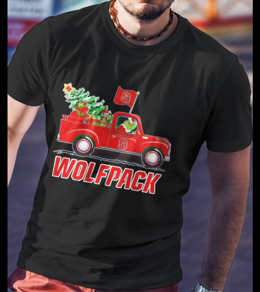 Grinch Driving NC State Wolfpack Christmas Truck With Tree And Flag T-Shirt