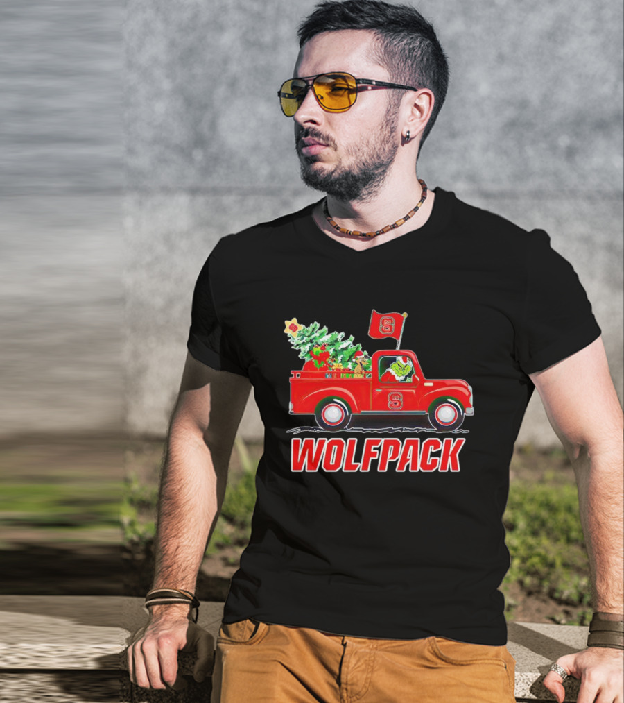 Grinch Driving NC State Wolfpack Christmas Truck With Tree And Flag T-Shirt