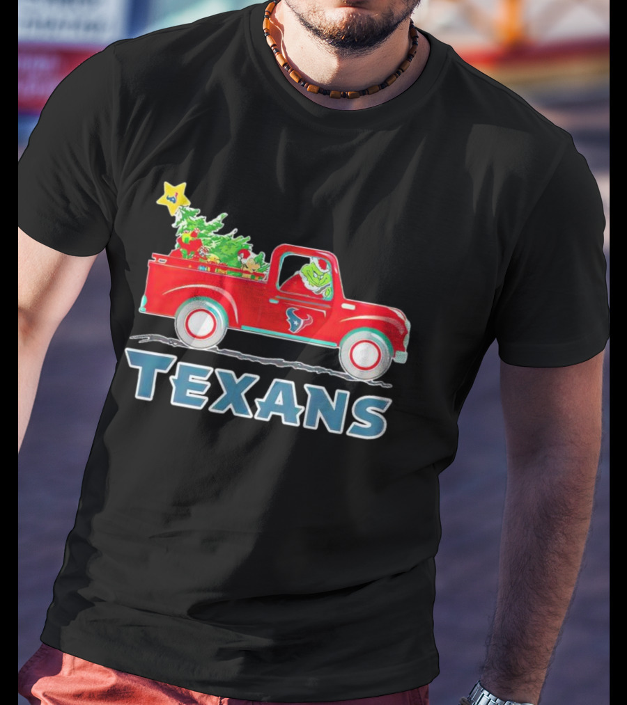 Grinch Driving Red Christmas Truck With Houston Texans T-Shirt