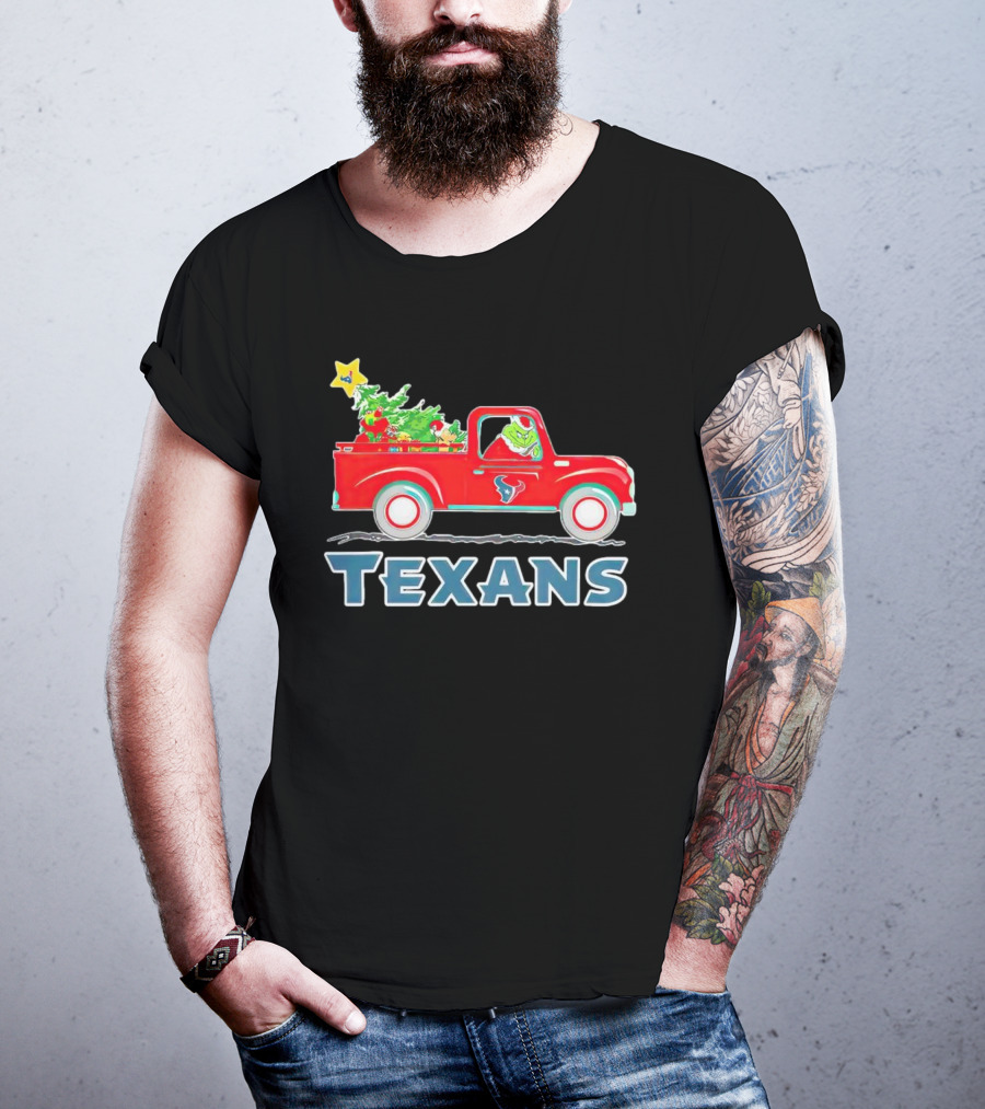 Grinch Driving Red Christmas Truck With Houston Texans T-Shirt