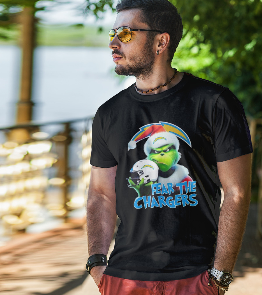 Grinch Santa Holding Los Angeles Chargers Helmet Fear The Chargers T-Shirt