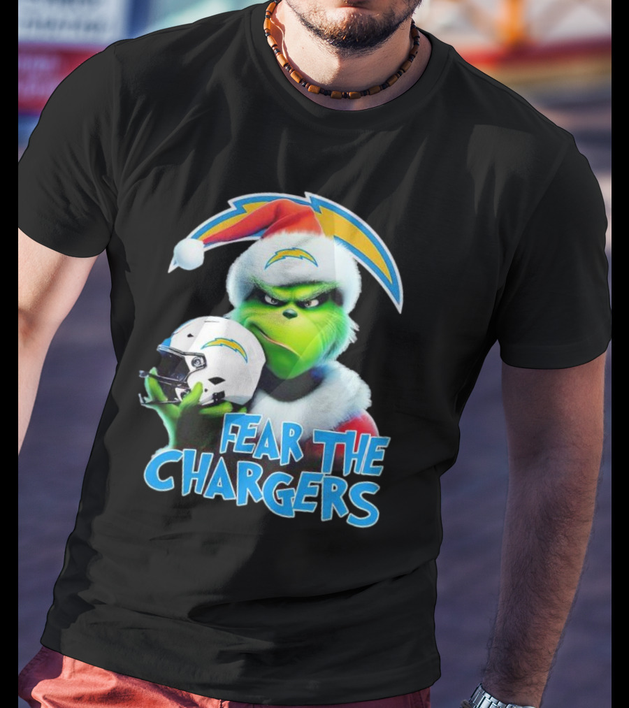Grinch Santa Holding Los Angeles Chargers Helmet Fear The Chargers T-Shirt