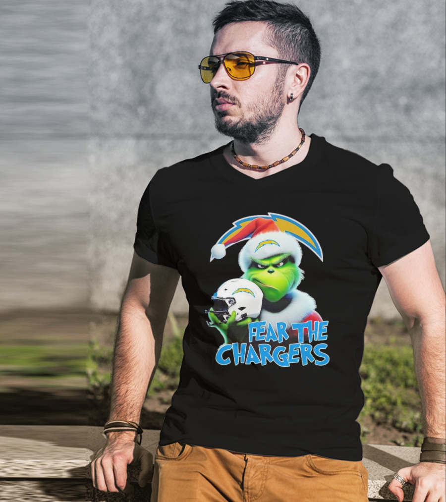 Grinch Santa Holding Los Angeles Chargers Helmet Fear The Chargers T-Shirt