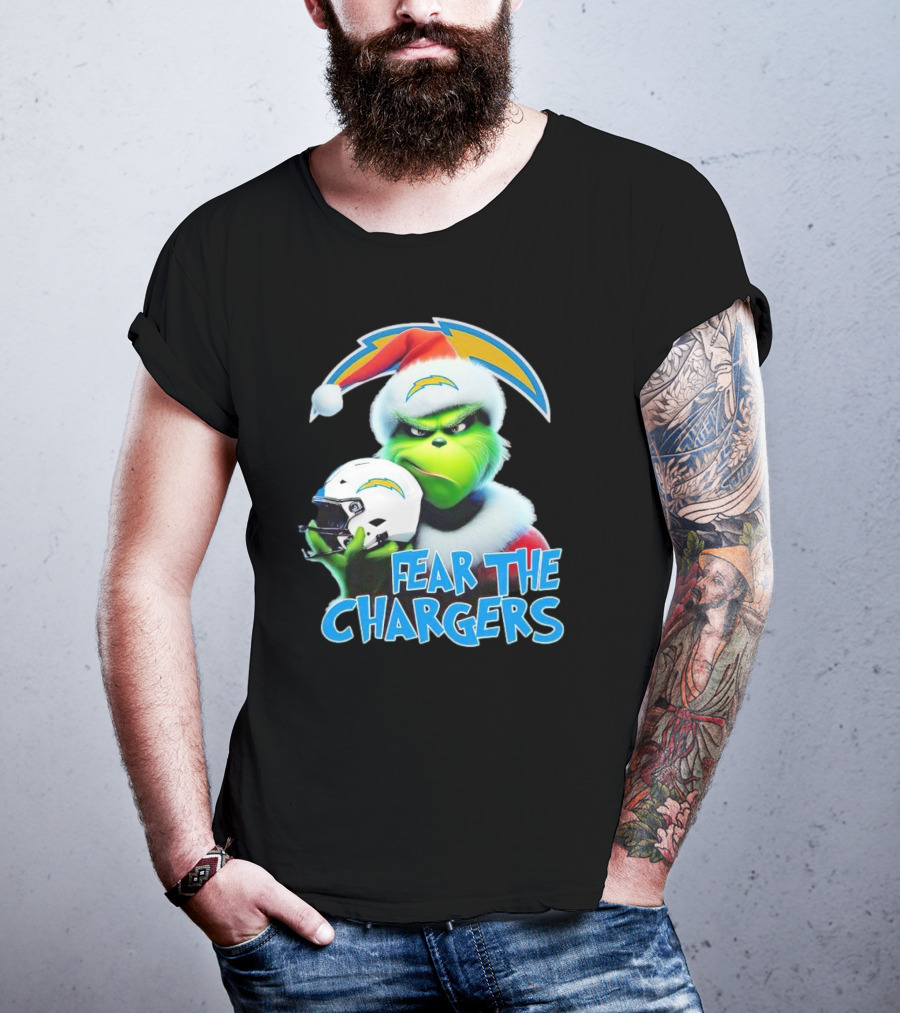 Grinch Santa Holding Los Angeles Chargers Helmet Fear The Chargers T-Shirt
