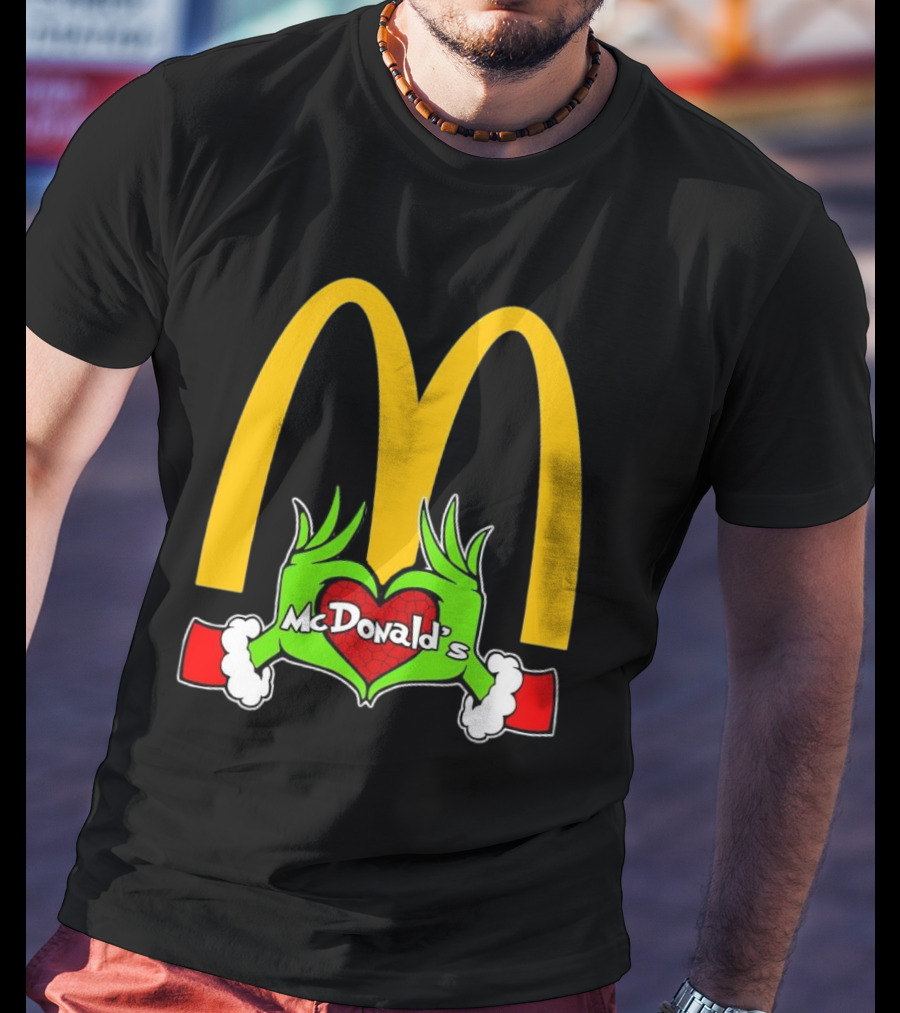 Grinch Holding Heart McDonald’s Logo Christmas T-Shirt