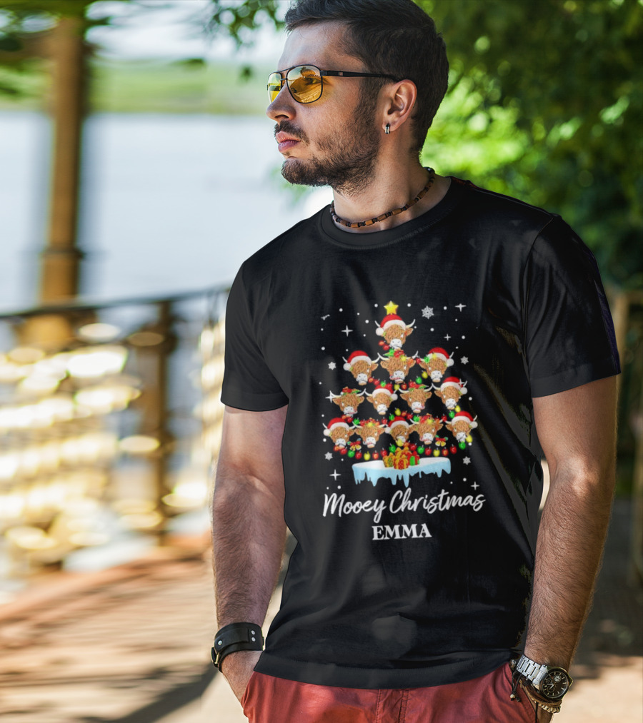 Mooey Christmas Highland Cow Tree Custom Name Emma T-Shirt