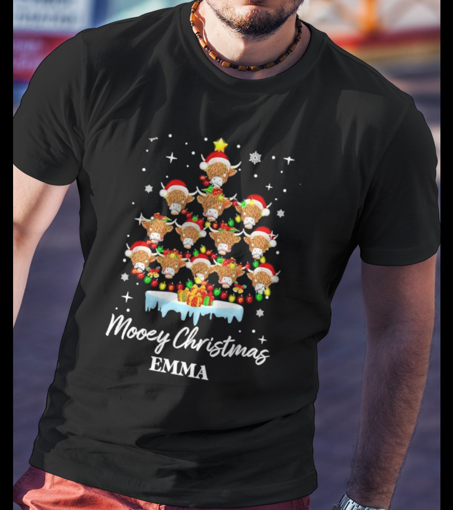 Mooey Christmas Highland Cow Tree Custom Name Emma T-Shirt