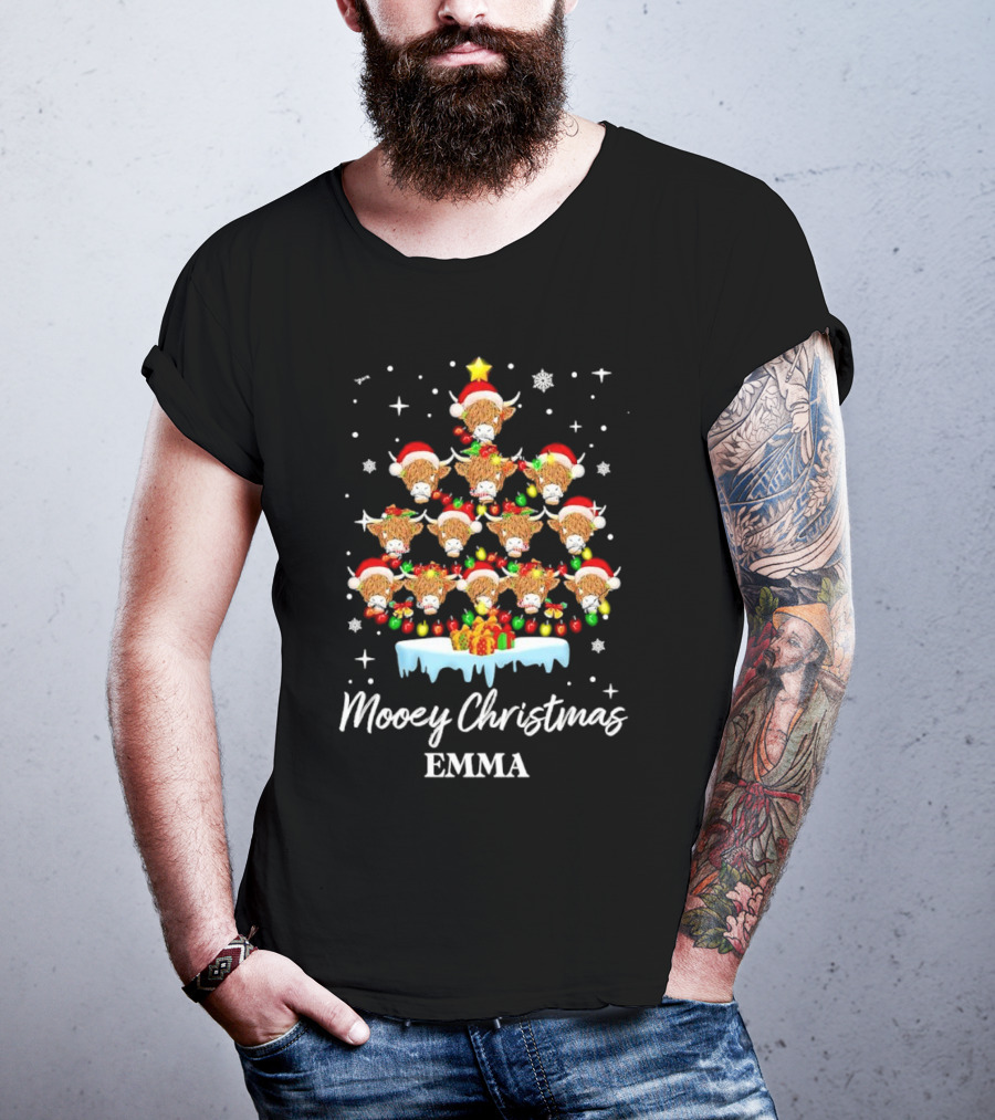 Mooey Christmas Highland Cow Tree Custom Name Emma T-Shirt