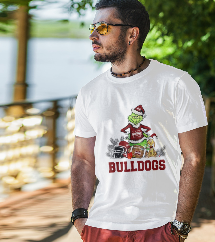 Bulldogs Grinch Max Dog Christmas Football Santa Hat T-Shirt