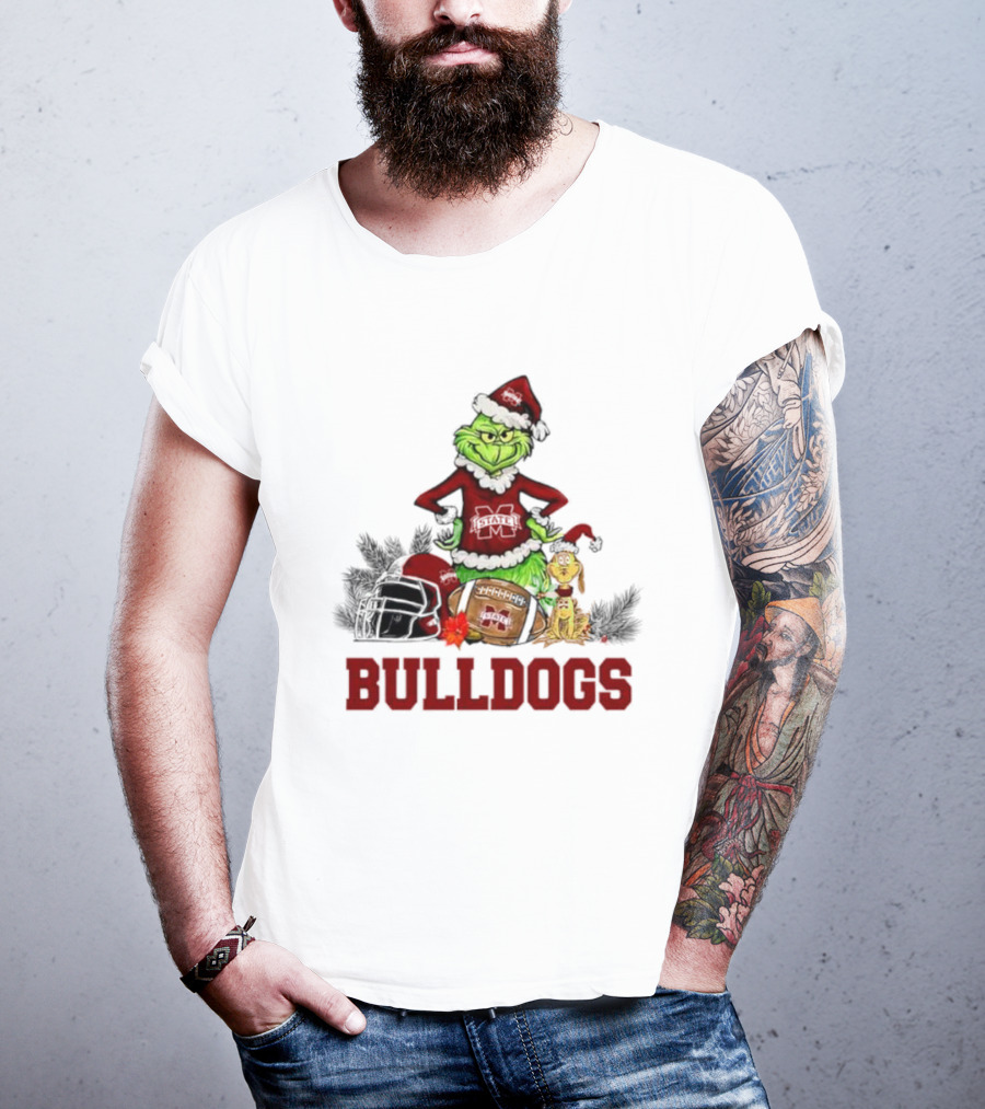 Bulldogs Grinch Max Dog Christmas Football Santa Hat T-Shirt