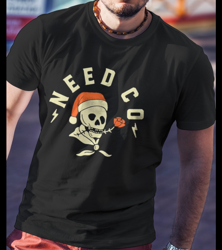 Need Co Santa Skull With Red Rose And Lightning Bolts T-Shirt