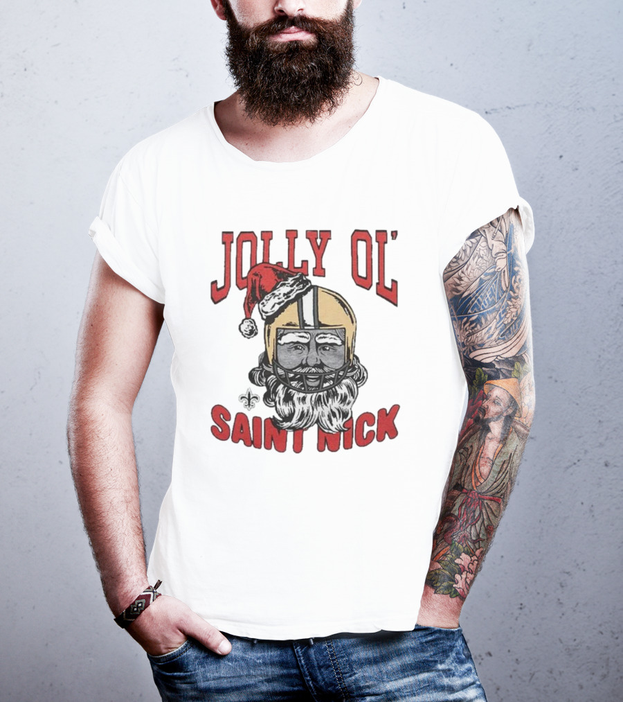 New Orleans Saints Jolly Ol’ Saint Nick With Santa Hat And Fleur-de-Lis Football Helmet Christmas T-Shirt