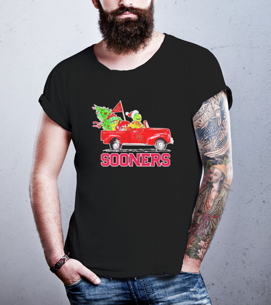 Sooners Grinch Driving Red Truck With Christmas Tree And Gifts T-Shirt