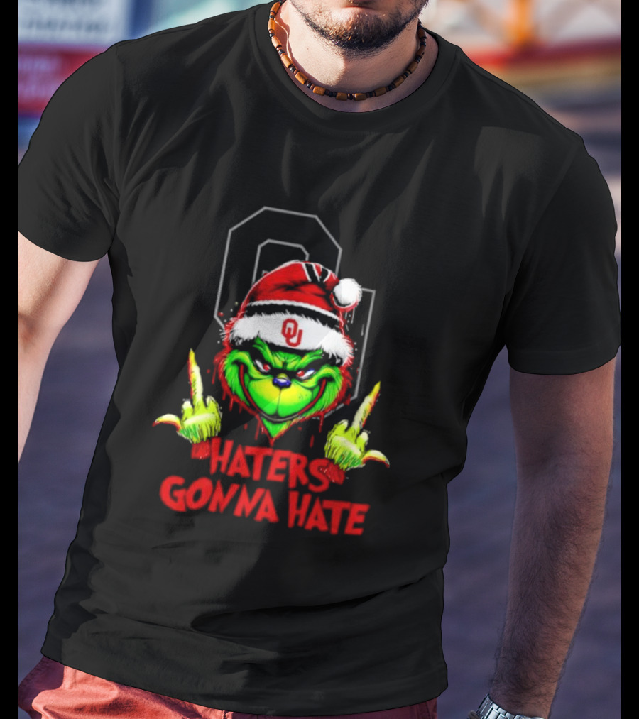 Oklahoma Sooners Grinch Haters Gonna Hate Middle Finger Santa Hat T-Shirt