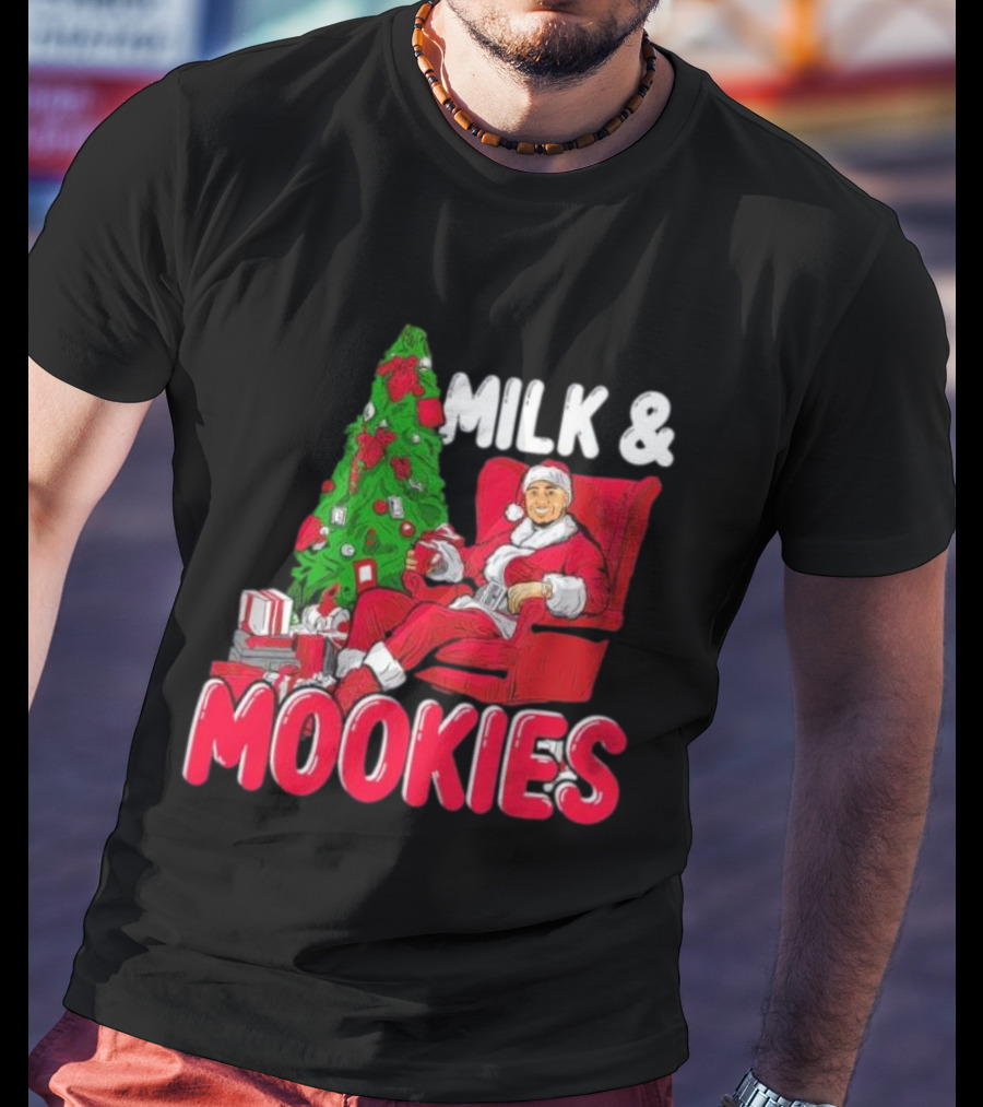 Christmas Milk And Mookies Santa By Tree T-Shirt