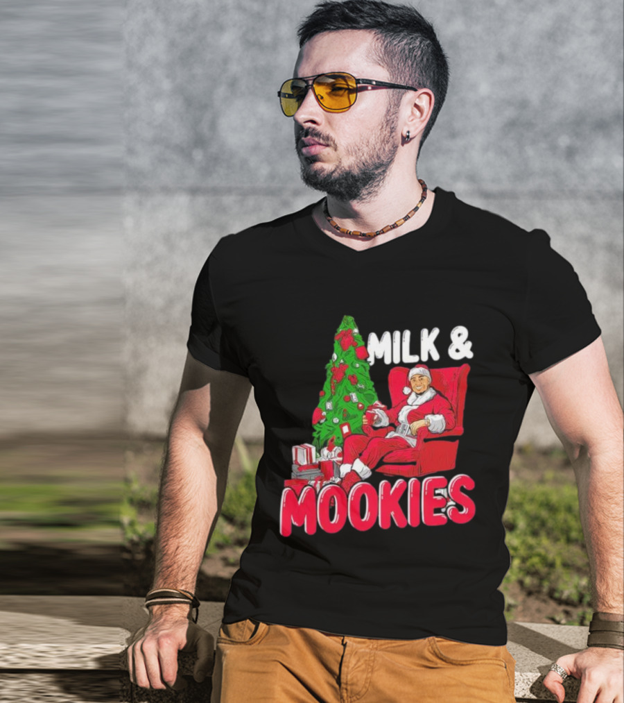 Christmas Milk And Mookies Santa By Tree T-Shirt