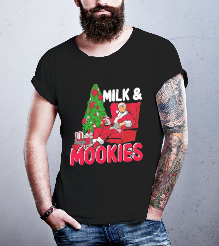 Christmas Milk And Mookies Santa By Tree T-Shirt