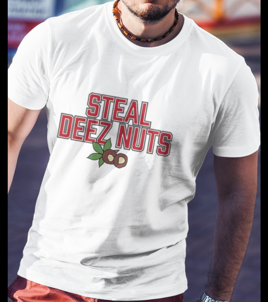 Steal Deez Nuts Christmas Humor Red Text With Hazelnuts And Leaves T-Shirt