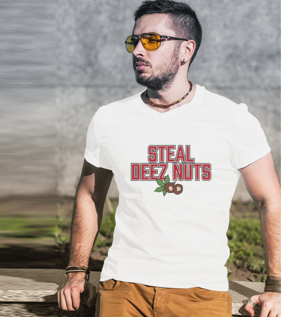 Steal Deez Nuts Christmas Humor Red Text With Hazelnuts And Leaves T-Shirt