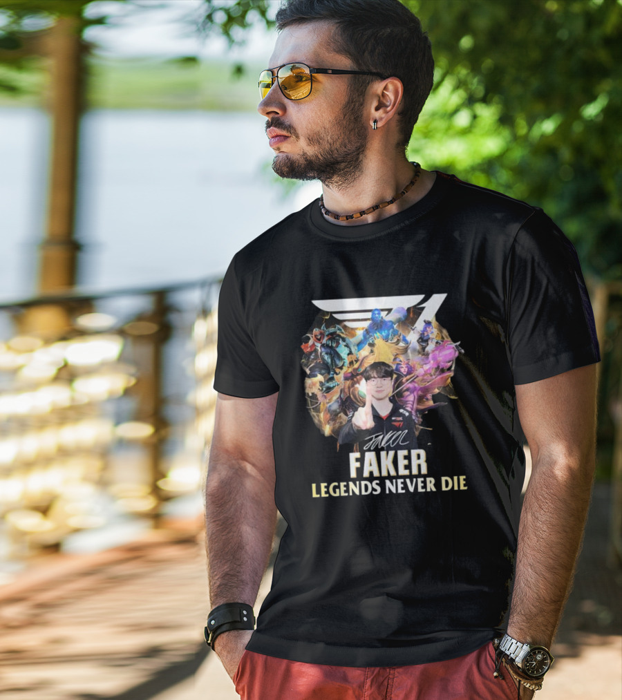 Faker Signature Legends Never Die With Iconic League Characters T-Shirt