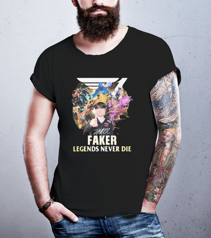Faker Signature Legends Never Die With Iconic League Characters T-Shirt