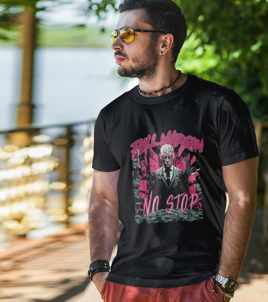 Full Margin No Stop Cyberpunk Businessman In Pink And Green Dystopian Cityscape T-Shirt