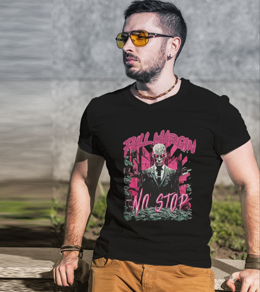 Full Margin No Stop Cyberpunk Businessman In Pink And Green Dystopian Cityscape T-Shirt