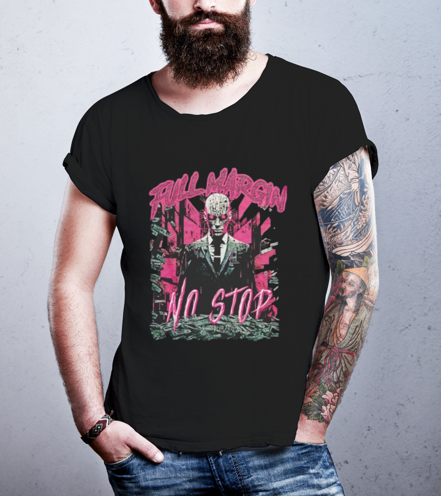 Full Margin No Stop Cyberpunk Businessman In Pink And Green Dystopian Cityscape T-Shirt