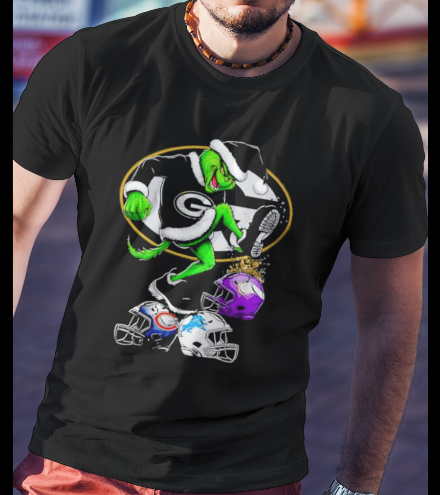 Green Bay Packers Grinch Santa Stepping On NFL Helmets Funny Christmas T-Shirt
