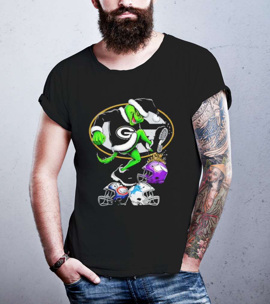 Green Bay Packers Grinch Santa Stepping On NFL Helmets Funny Christmas T-Shirt