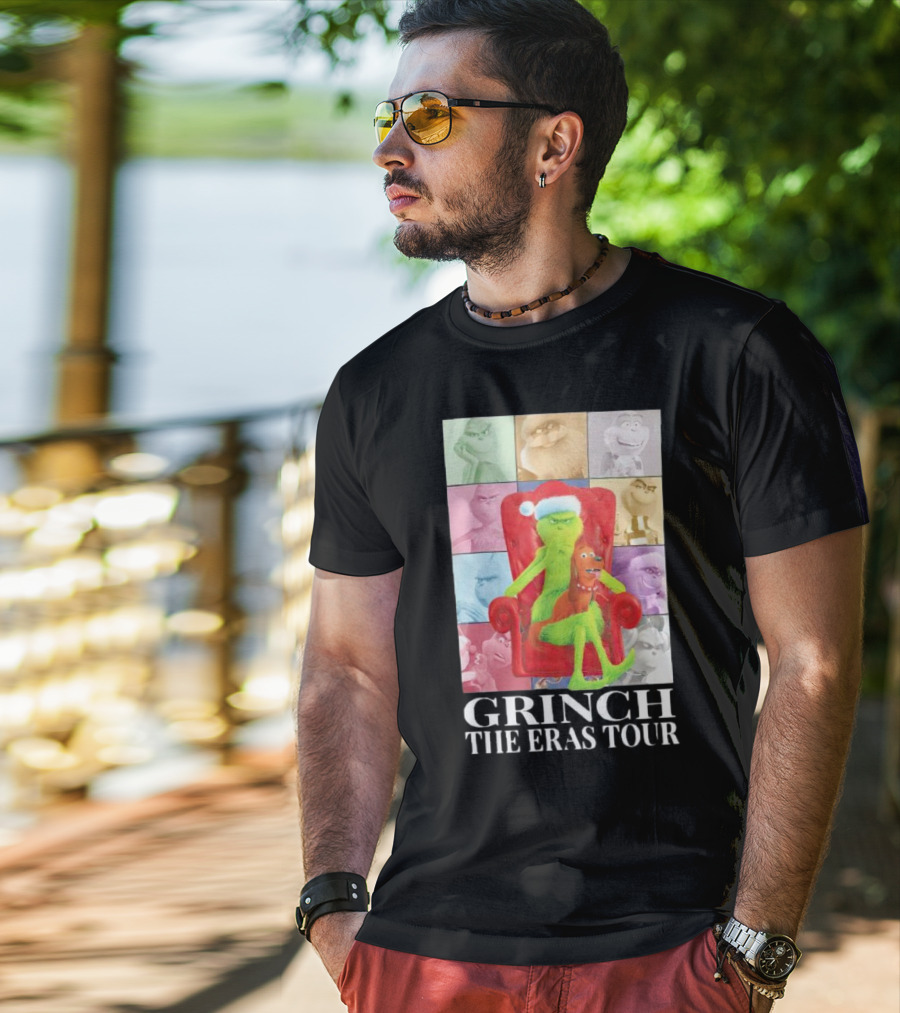 Grinch Christmas With Santa Hat Dog And Chair Icon Collage T-Shirt
