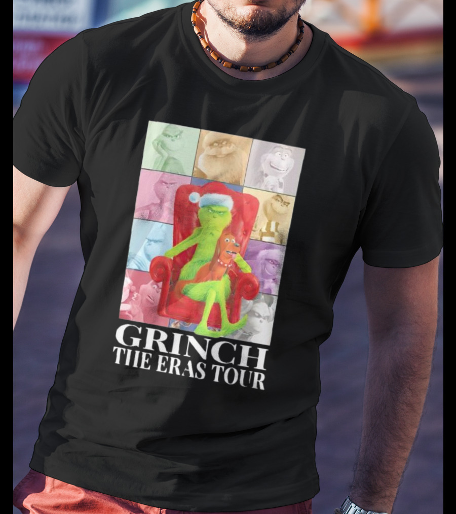 Grinch Christmas With Santa Hat Dog And Chair Icon Collage T-Shirt