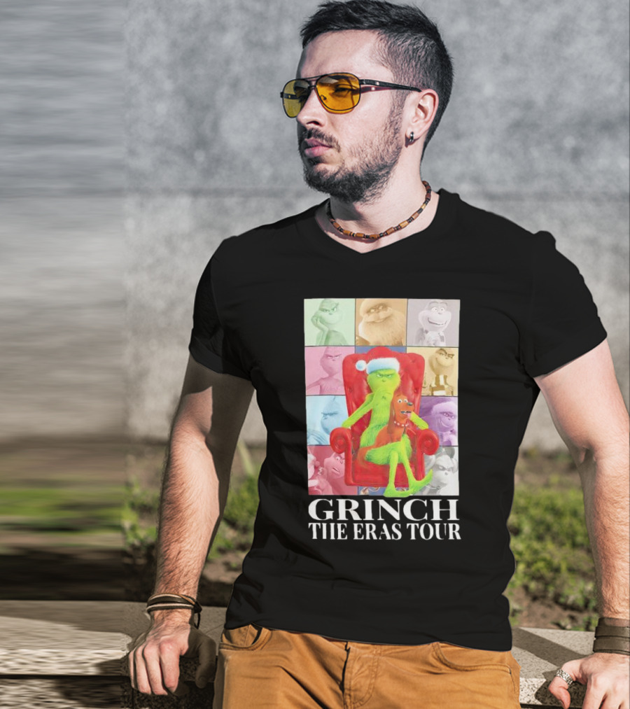 Grinch Christmas With Santa Hat Dog And Chair Icon Collage T-Shirt