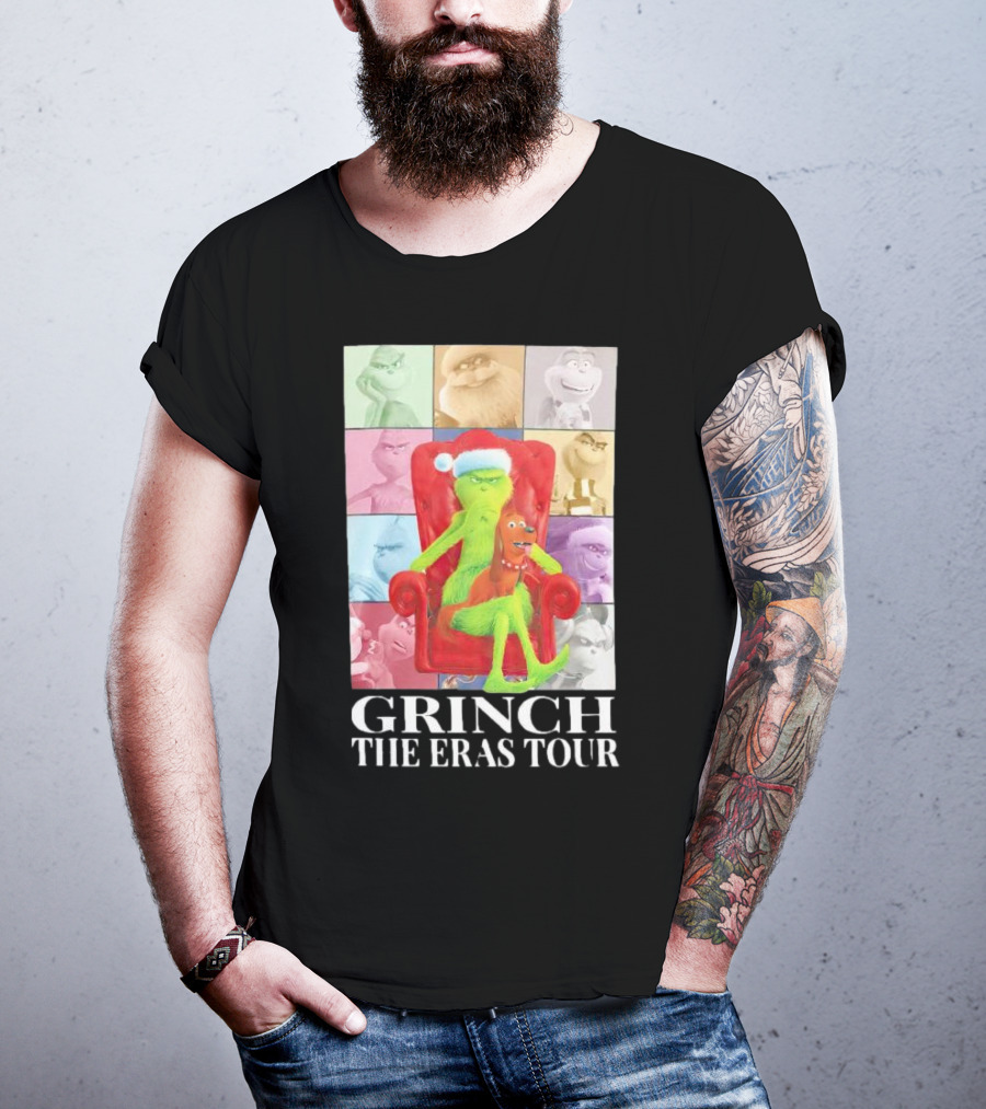 Grinch Christmas With Santa Hat Dog And Chair Icon Collage T-Shirt