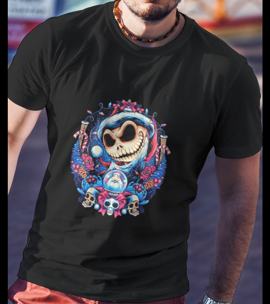 Jack Skellington Christmas Santa Skull Wreath Candy Cane Holiday T-Shirt