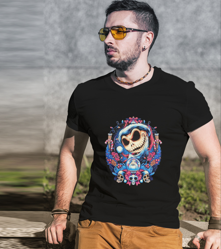 Jack Skellington Christmas Santa Skull Wreath Candy Cane Holiday T-Shirt