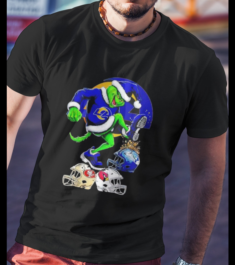 Los Angeles Rams Grinch Stomping NFL Helmets Christmas Funny Santa T-Shirt