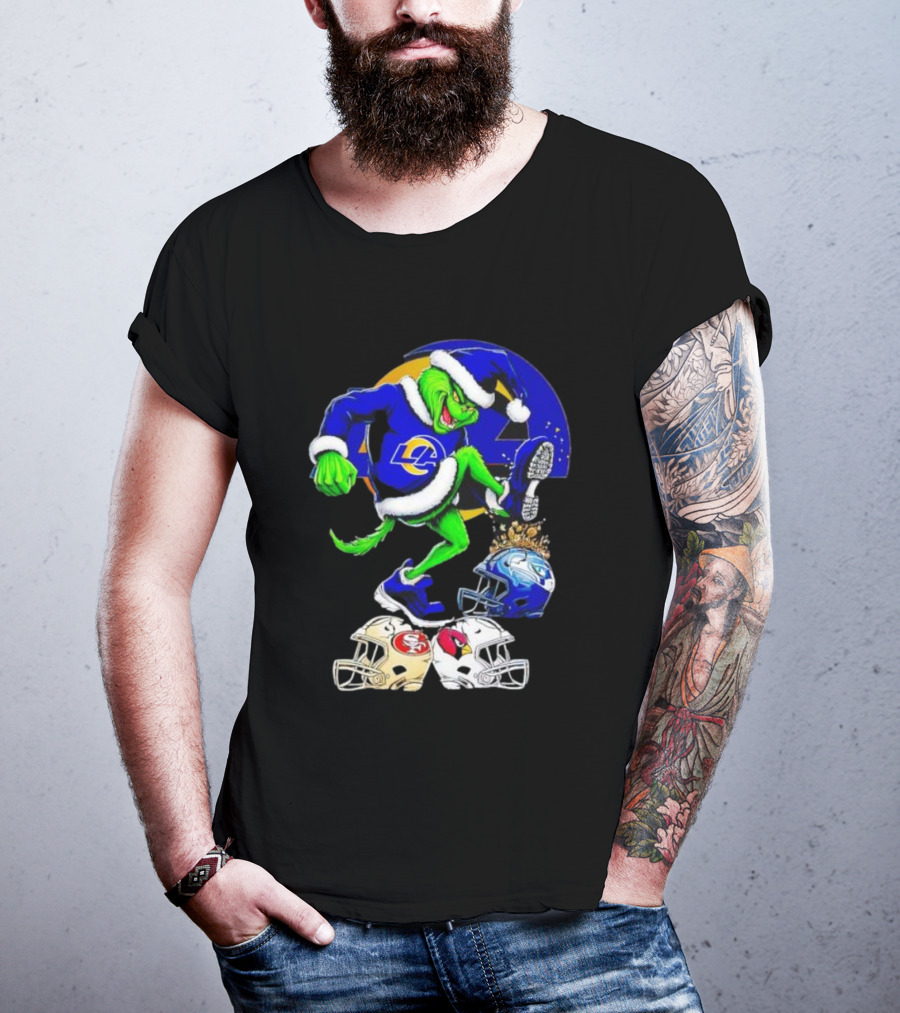 Los Angeles Rams Grinch Stomping NFL Helmets Christmas Funny Santa T-Shirt