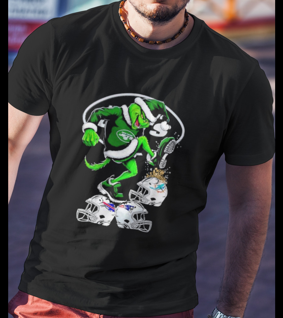 New York Jets Grinch Santa Stomping NFL Helmets Funny Christmas T-Shirt