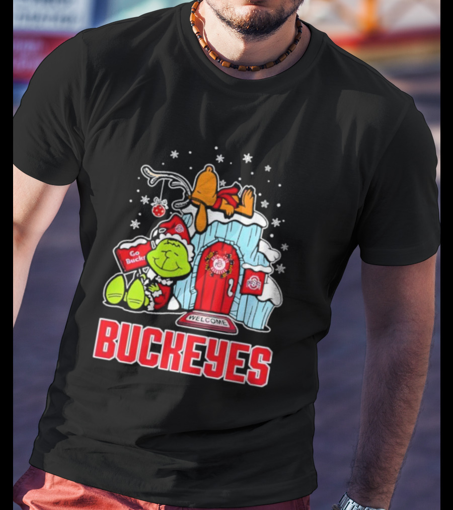 Peanuts Grinch Ohio State Buckeyes Go Bucs Merry Xmas Snoopy Woodstock T-Shirt