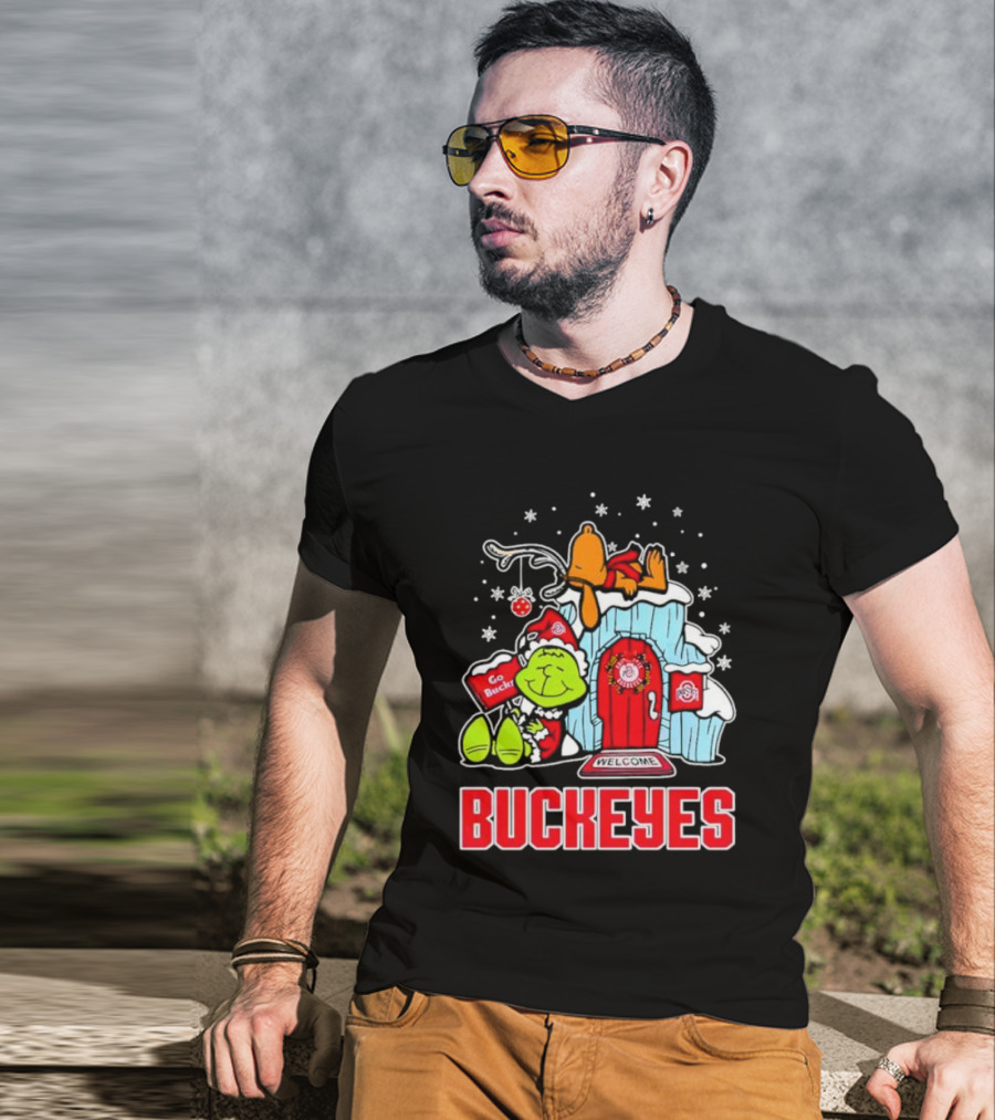 Peanuts Grinch Ohio State Buckeyes Go Bucs Merry Xmas Snoopy Woodstock T-Shirt
