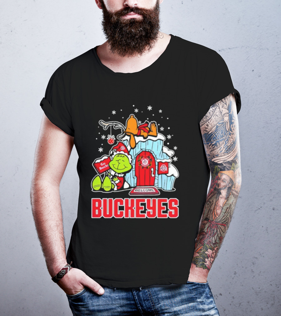 Peanuts Grinch Ohio State Buckeyes Go Bucs Merry Xmas Snoopy Woodstock T-Shirt