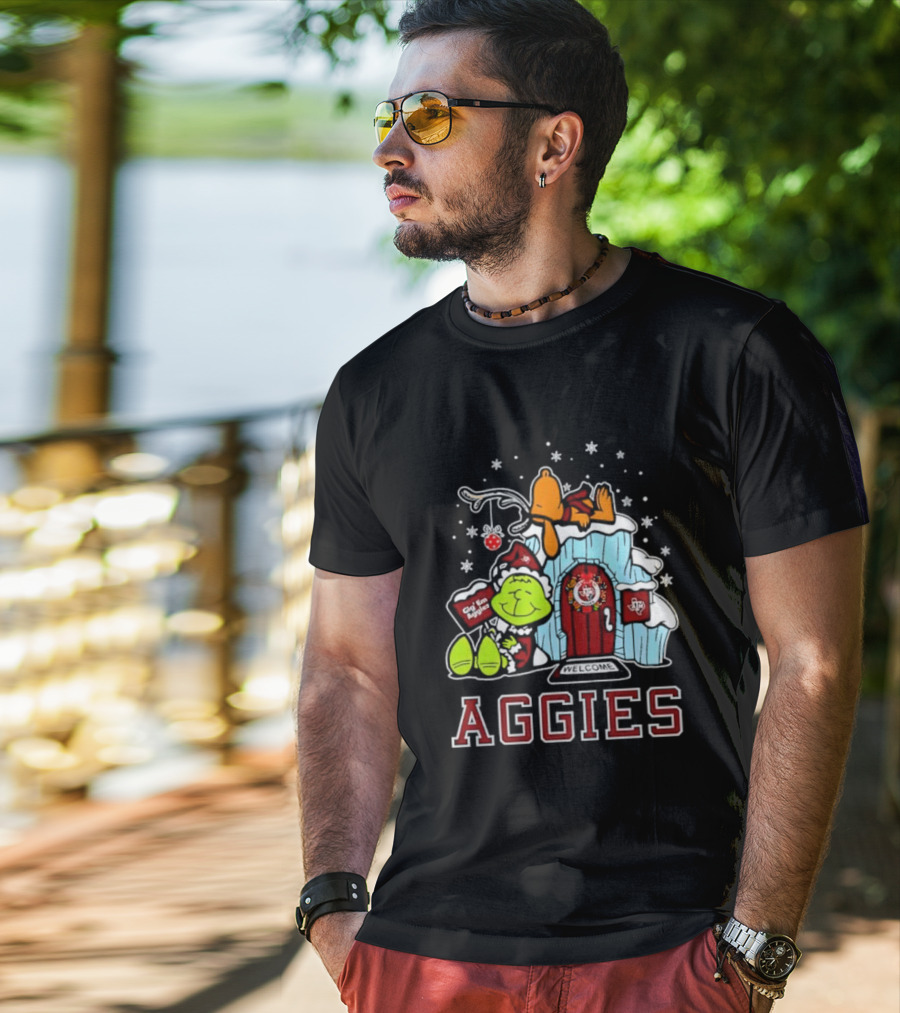 Peanuts Aggies Grinch Snoopy Christmas Hut Texas Holiday T-Shirt